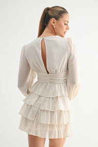 Cream Ruffled Long-Sleeve Mini Dress