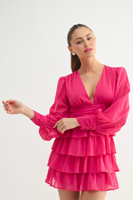 Fuchsia Ruffled Long-Sleeve Mini Dress