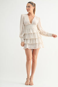 Cream Ruffled Long-Sleeve Mini Dress