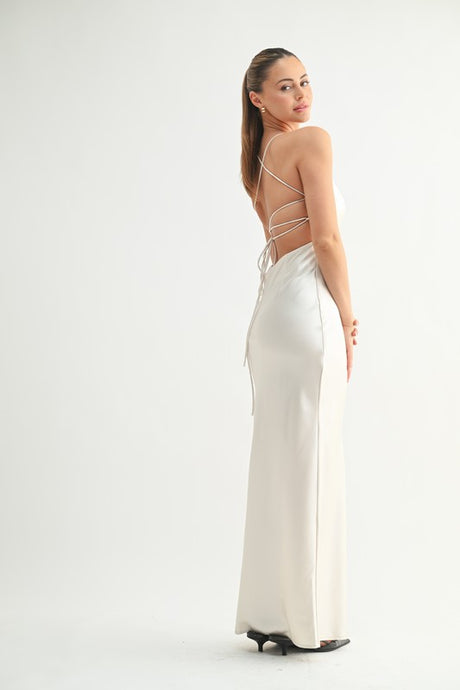 Cream Satin Strappy Back Maxi Dress