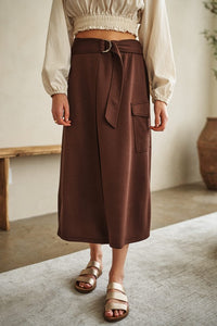 Ash Brown Belted Wrap Midi Skirt