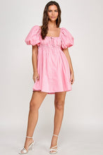 Pink Square Neck Bubble Sleeve Mini Dress