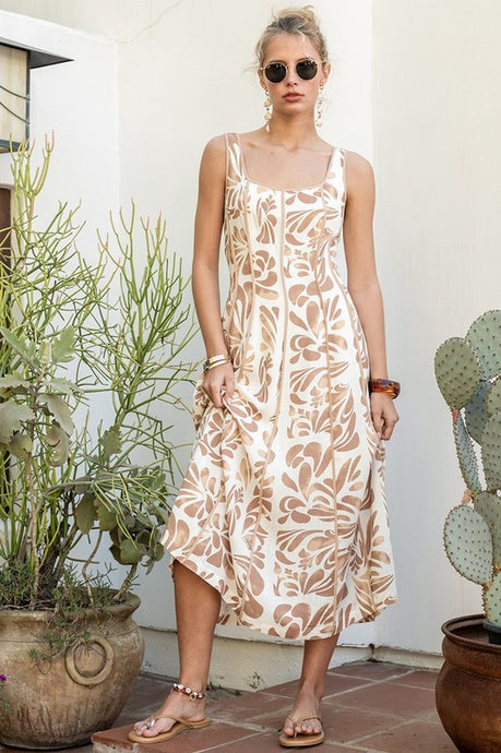 Ivory/Taupe Printed Midi Dress