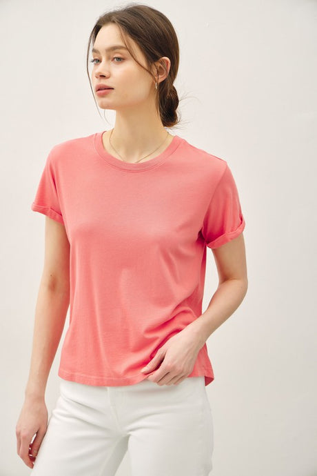 Coral Boxy Cut Tee W/ Roll Sleeve