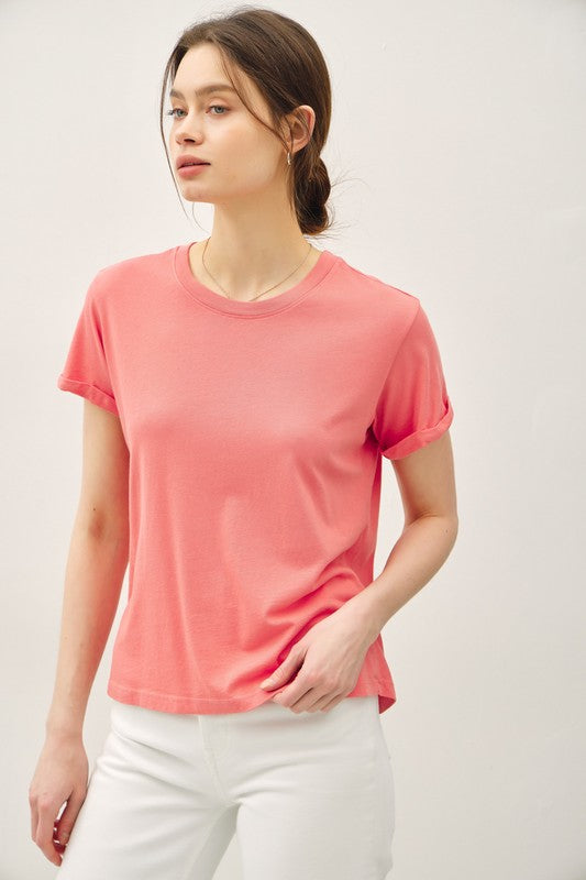 Coral Boxy Cut Tee W/ Roll Sleeve