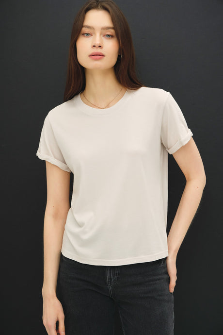 Stone Boxy Cut Tee W/ Roll Sleeve