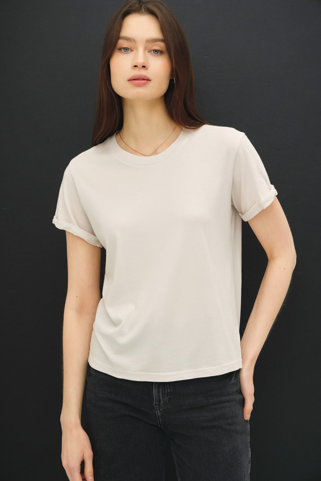 Stone Boxy Cut Tee W/ Roll Sleeve