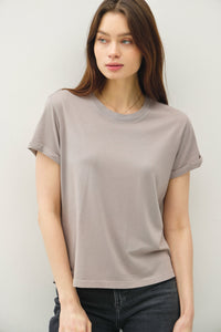 Greige Boxy Cut Tee W/ Roll Sleeve