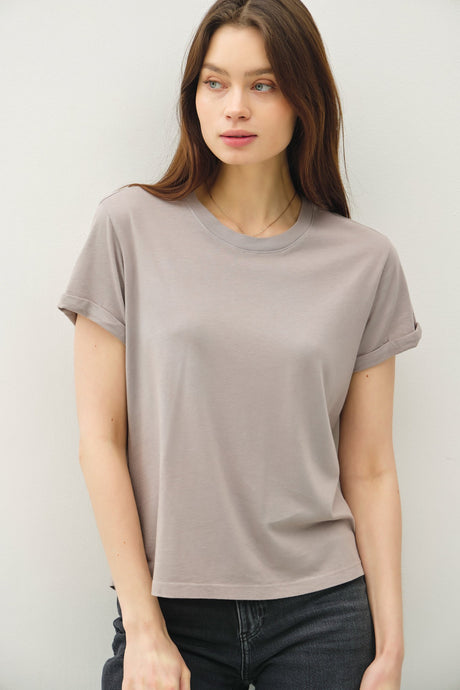 Greige Boxy Cut Tee W/ Roll Sleeve
