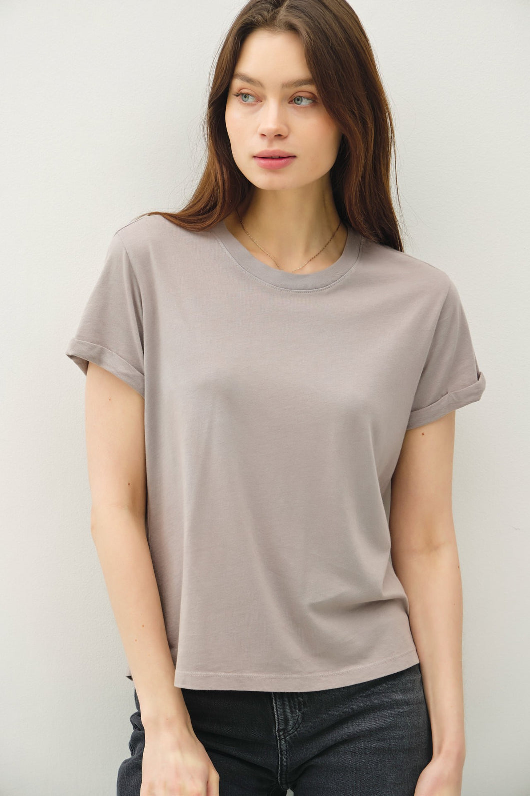 Greige Boxy Cut Tee W/ Roll Sleeve