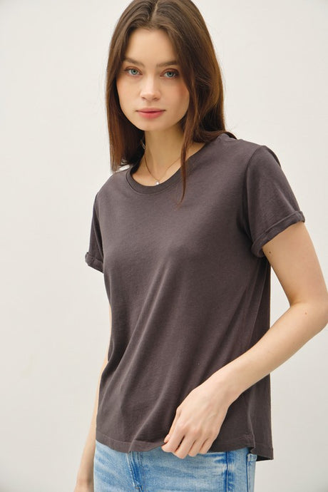 Charcoal Boxy Cut Tee W/ Roll Sleeve