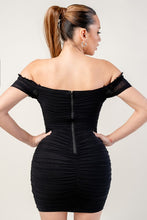 Black Ruched Off Shoulder Ruffle Trim Bodycon Mini Dress