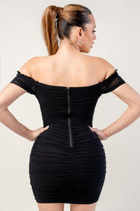Black Ruched Off Shoulder Ruffle Trim Bodycon Mini Dress