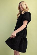 Black Seersucker Puff Sleeve Mini Dress