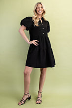Black Seersucker Puff Sleeve Mini Dress