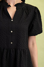 Black Seersucker Puff Sleeve Mini Dress