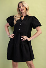 Black Seersucker Puff Sleeve Mini Dress