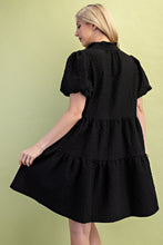 Black Seersucker Puff Sleeve Mini Dress