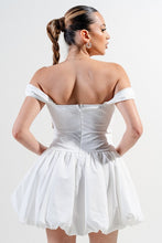 Off White Silken Stretch Woven Off Shoulder Bubble Dress