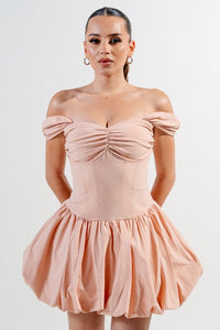 Warm Peach Silken Stretch Woven Off Shoulder Bubble Dress