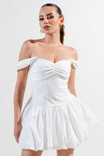 Off White Silken Stretch Woven Off Shoulder Bubble Dress