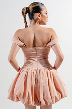Warm Peach Silken Stretch Woven Off Shoulder Bubble Dress