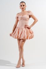 Warm Peach Silken Stretch Woven Off Shoulder Bubble Dress