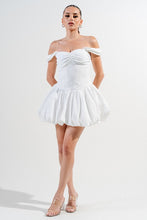 Off White Silken Stretch Woven Off Shoulder Bubble Dress