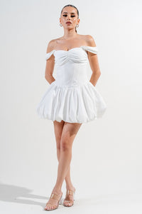 Off White Silken Stretch Woven Off Shoulder Bubble Dress