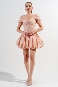 Warm Peach Silken Stretch Woven Off Shoulder Bubble Dress