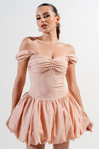 Warm Peach Silken Stretch Woven Off Shoulder Bubble Dress