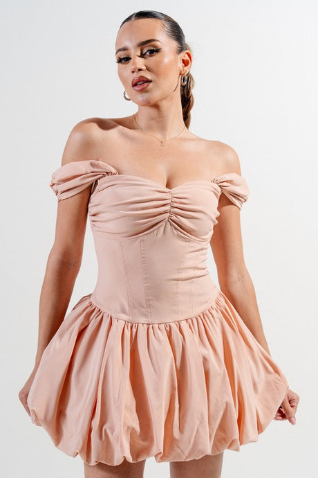 Warm Peach Silken Stretch Woven Off Shoulder Bubble Dress