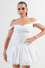 Off White Silken Stretch Woven Off Shoulder Bubble Dress