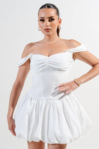 Off White Silken Stretch Woven Off Shoulder Bubble Dress