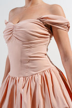 Warm Peach Silken Stretch Woven Off Shoulder Bubble Dress