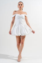 Off White Silken Stretch Woven Off Shoulder Bubble Dress