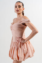 Warm Peach Silken Stretch Woven Off Shoulder Bubble Dress
