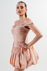Warm Peach Silken Stretch Woven Off Shoulder Bubble Dress