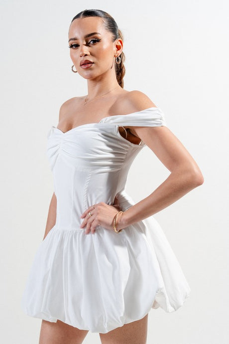 Off White Silken Stretch Woven Off Shoulder Bubble Dress