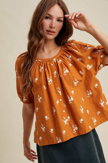Auburn Floral Embroidered Button-up Blouse