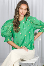 Green Flower Embroidery Detail Organza Top
