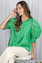 Green Flower Embroidery Detail Organza Top