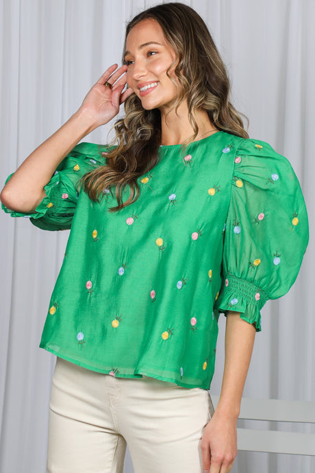 Green Flower Embroidery Detail Organza Top