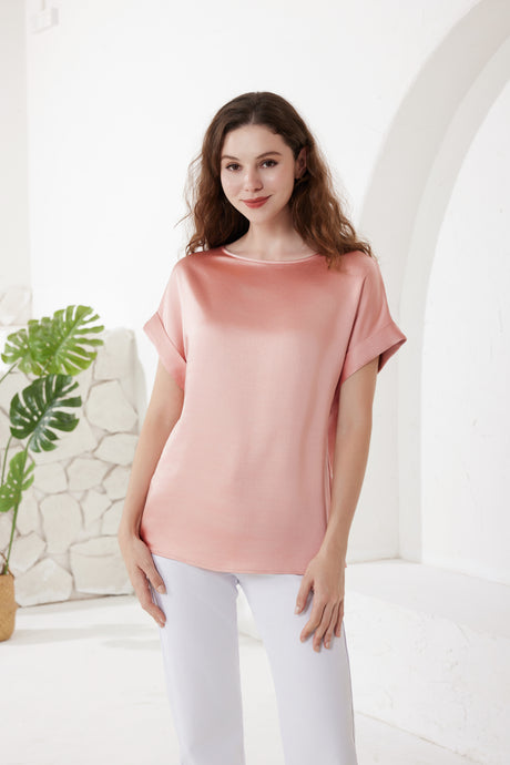 Rose Pink Satin Top With Round Neck And Cap Sleeves