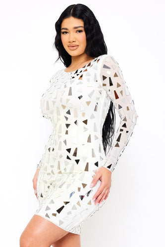 Ivory Mirror Glass Pieces Mini Dress
