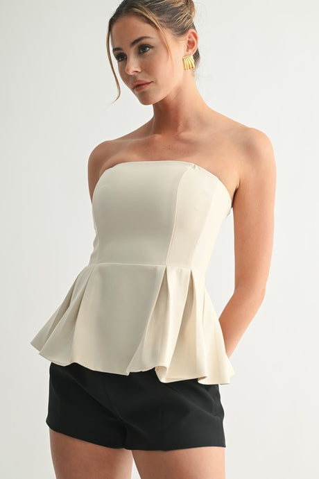 Beige Sculpted Peplum Strapless Top