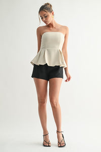 Beige Sculpted Peplum Strapless Top