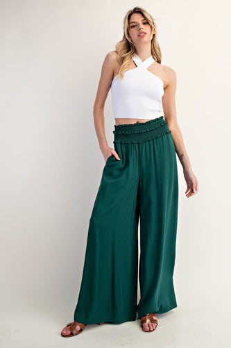 Hunter Green Smocked Wide Leg Pants