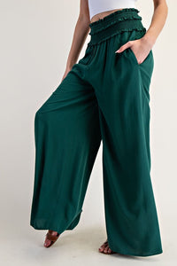 Hunter Green Smocked Wide Leg Pants
