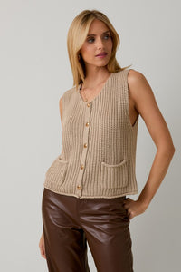 Taupe Relaxed Button Down Chunky Sweater Vest